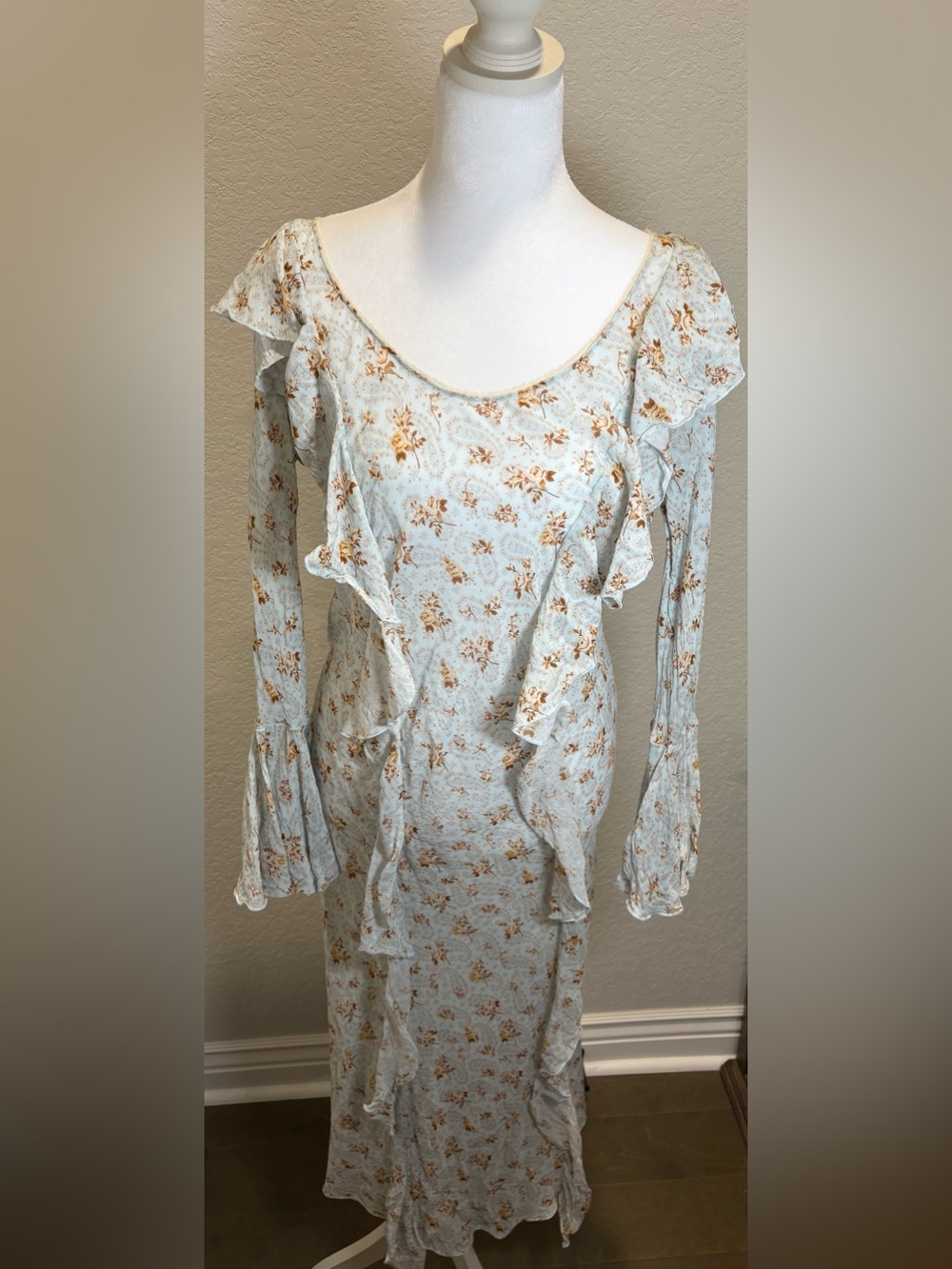 Spell Fleur Frill Bias Maxi Dress Teapot Blue Floral Boho M
